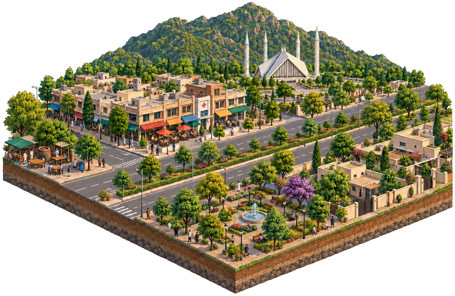 An isometric chunk of Islamabad: the Margalla Hills, Faisal Mosque, a markaz with shops, a park, a Metro bus on the avenue and delivery riders